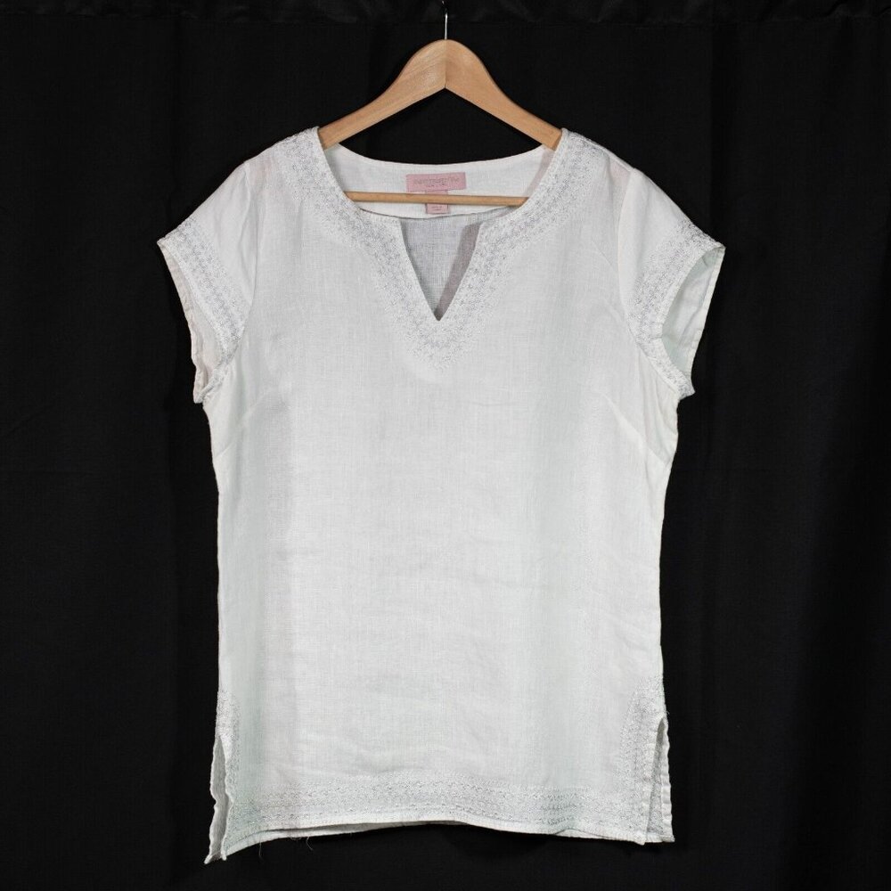 Saint Tropez West Top Womens Medium White Linen Silver Metallic Embroidery Kurti